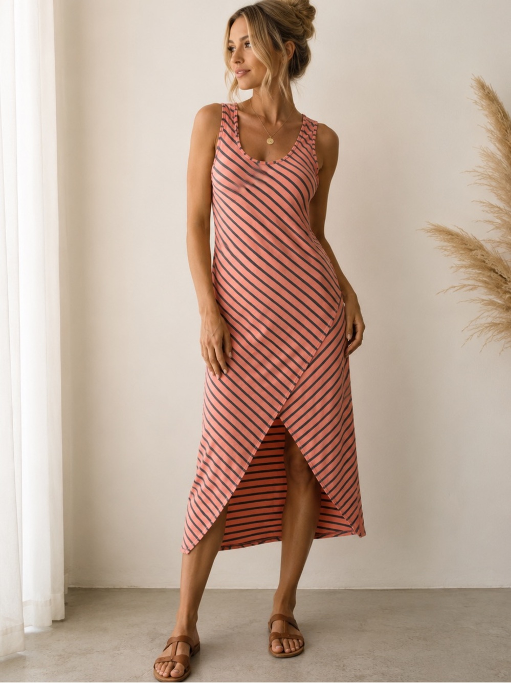 GUESS Coral Pink & Charcoal Striped Sleeveless Asymmetrical Maxi Dress